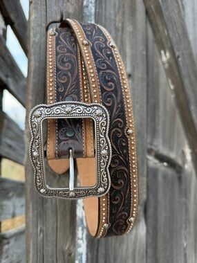 Justin Brown and Tan Tooled Leather Belt with Removable Silver Buckle